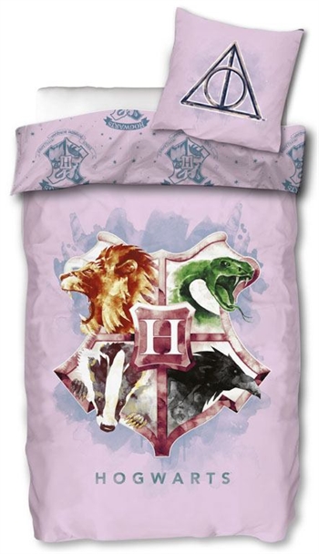 Harry Potter beddengoed - 140x200 cm - Roze met Zweinstein-schild - Dekbedovertrek met 2-in-1 design - 100% katoen