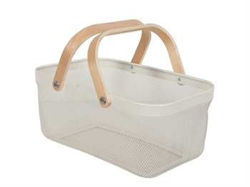 Draadmand - Witte draadmand met houten handvatten - 40x25x18 cm - Trendy opbergoplossing voor thuis