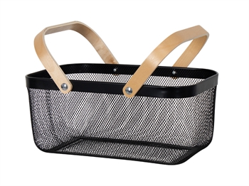 Draadmand - Zwarte draadmand met houten handvatten - 40x25x18 cm - Trendy opbergoplossing voor thuis