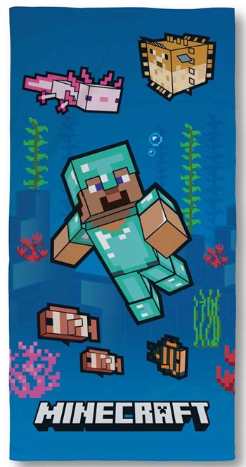 Minecraft badhanddoek - 70x140 cm - Blauwe kinderhanddoek met Minecraft-figuren - 100% katoen