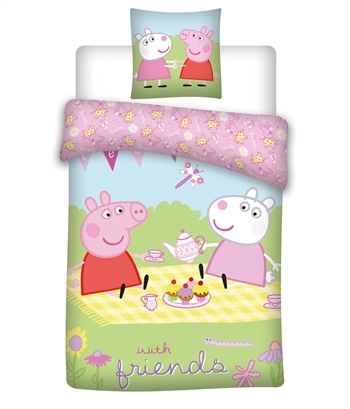 Peppa Pig beddengoed - 140x200 cm - Peppa Pig en Frida op picknick beddengoedset - Dekbedovertrek met 2 ontwerpen - 100% katoen